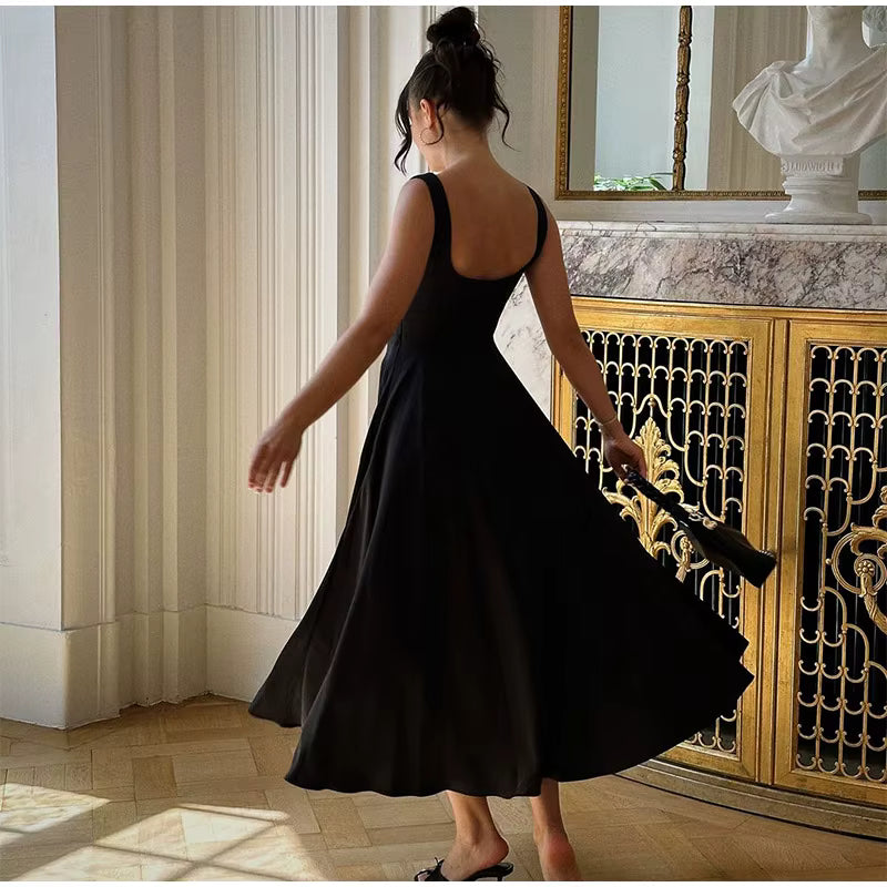 Polka Dot Square Neck Maxi Dress – Sleeveless High Waist Summer Gown