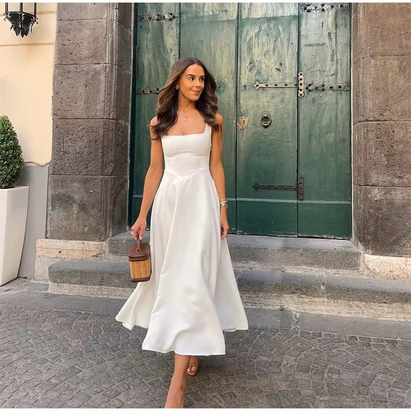 Polka Dot Square Neck Maxi Dress – Sleeveless High Waist Summer Gown