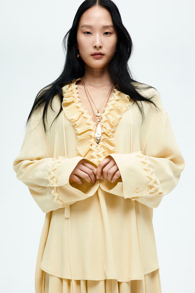 Ruffle Tunic Blouse Women – Long Sleeve Yellow Lace Top