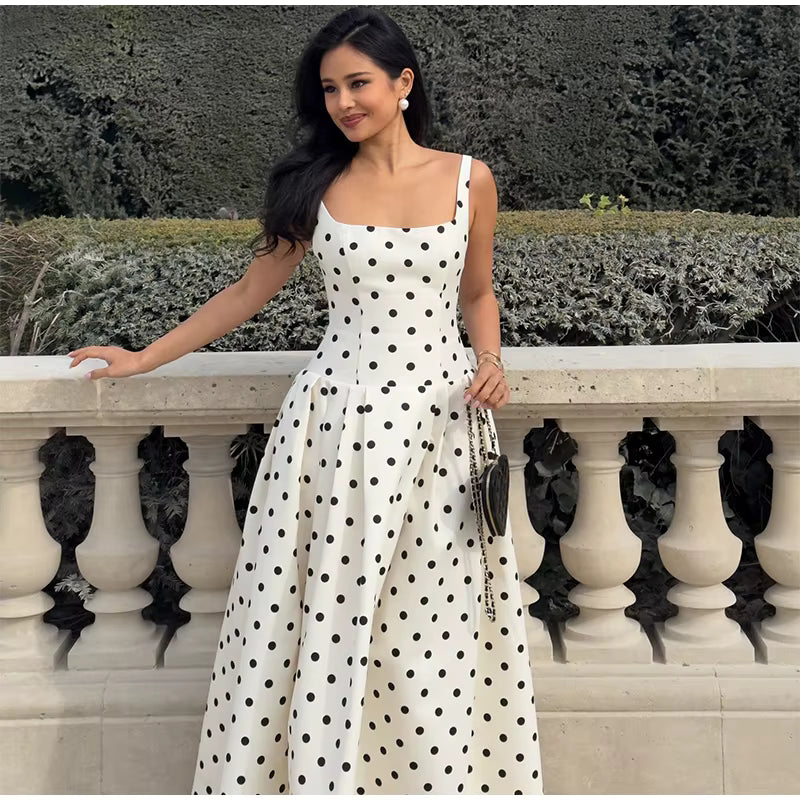 Polka Dot Square Neck Maxi Dress – Sleeveless High Waist Summer Gown