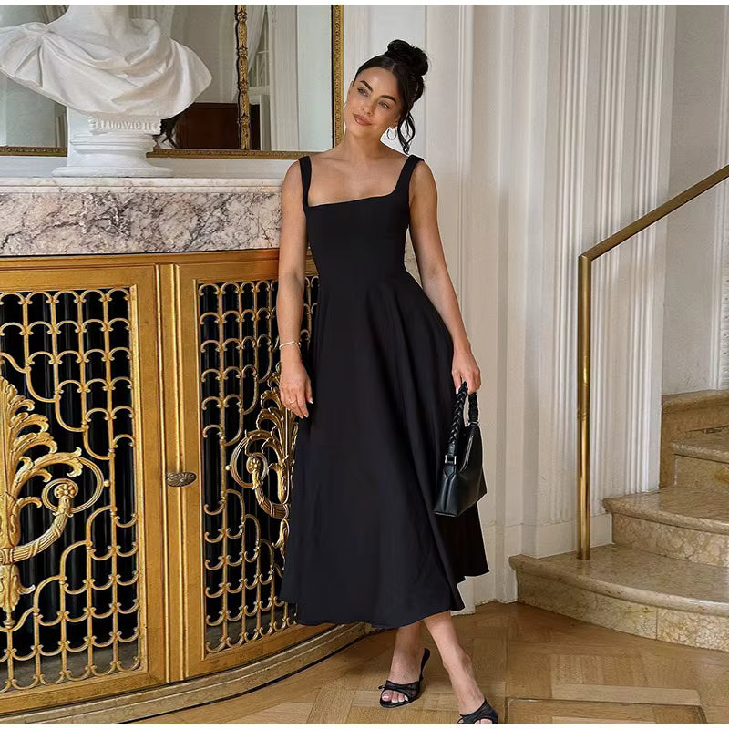 Polka Dot Square Neck Maxi Dress – Sleeveless High Waist Summer Gown