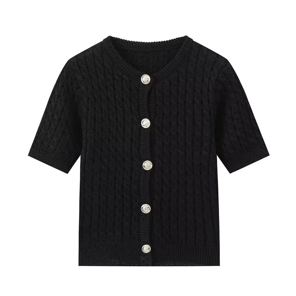 Black knitted cardigan with silver buttons on a white background