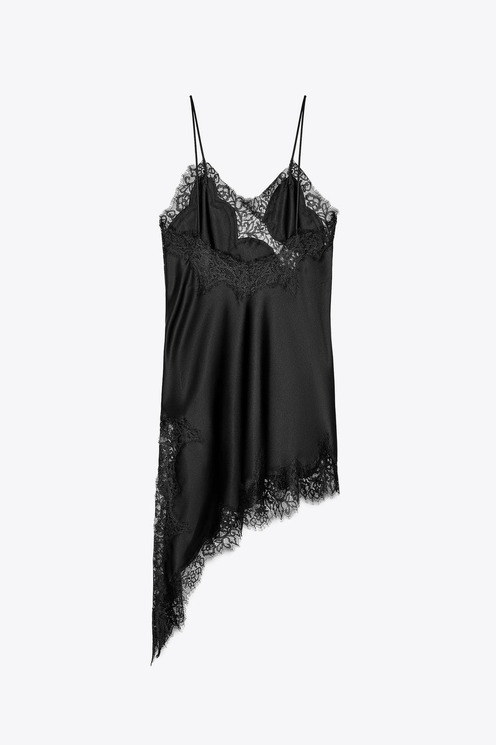 Black lace-trimmed slip dress on a white background