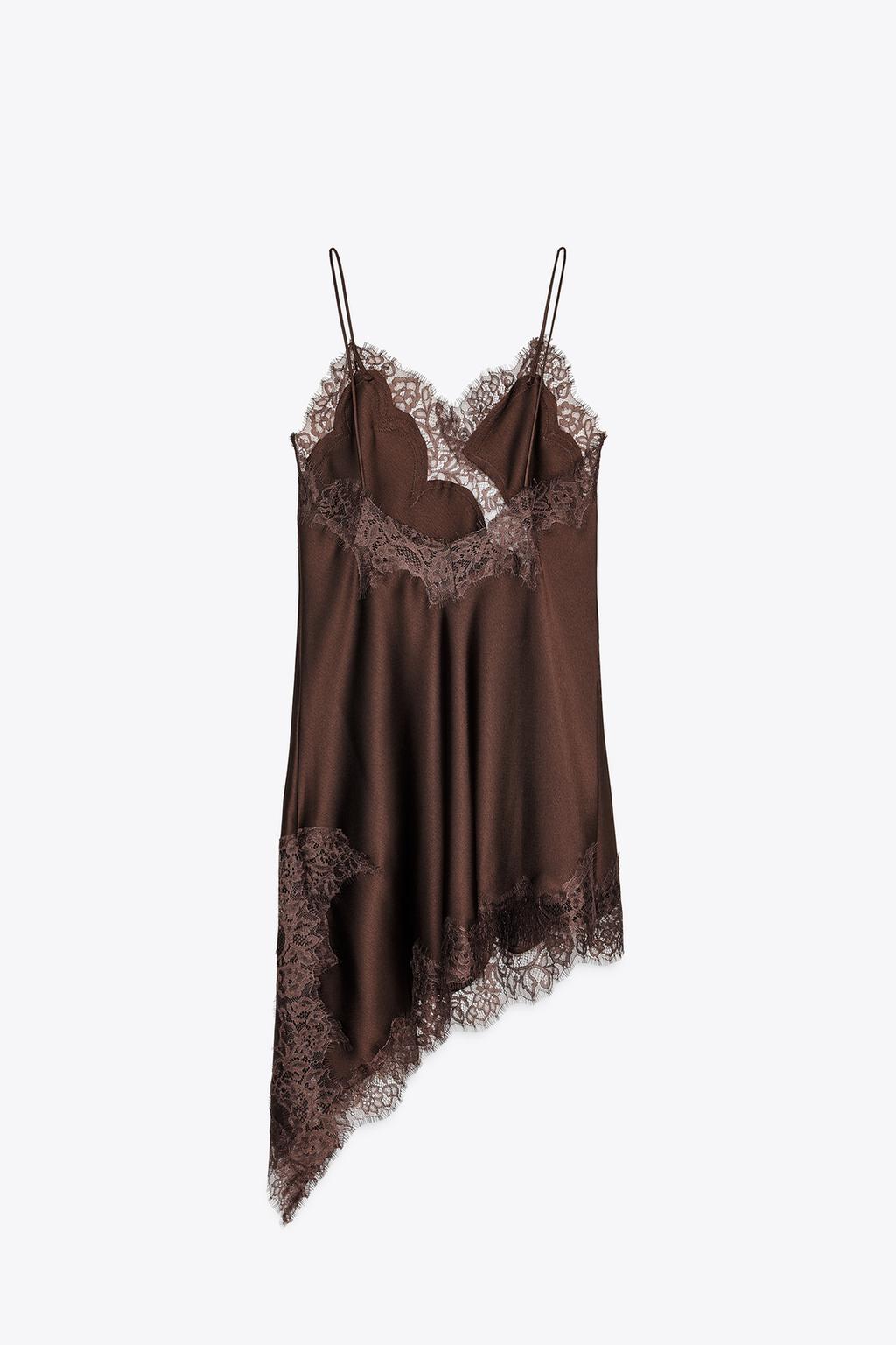 Brown lace-trimmed slip dress on a white background