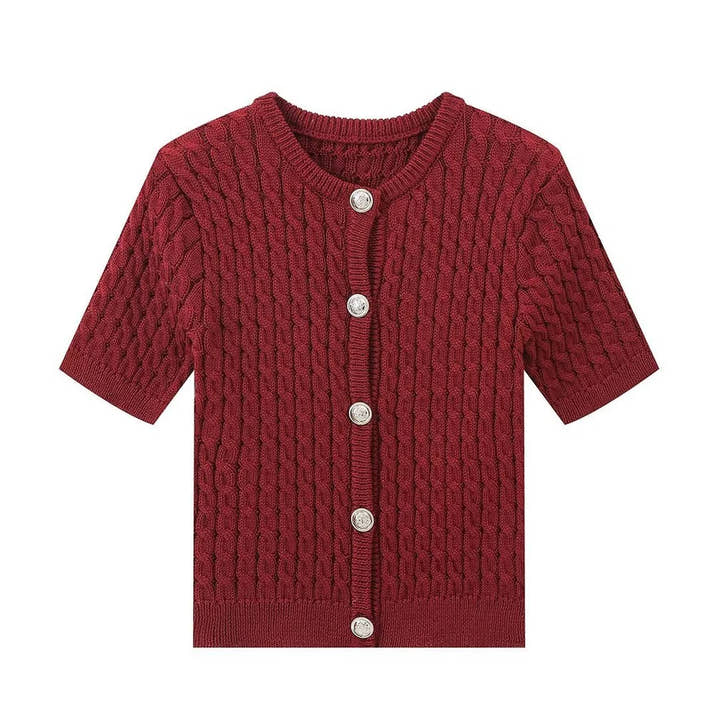 Burgundy knitted cardigan with buttons on a white background