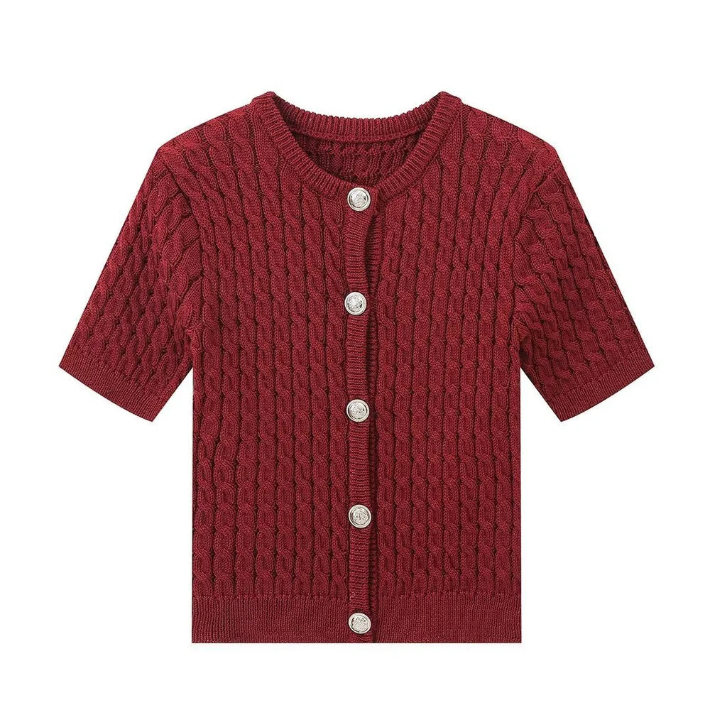Burgundy knitted cardigan with buttons on a white background