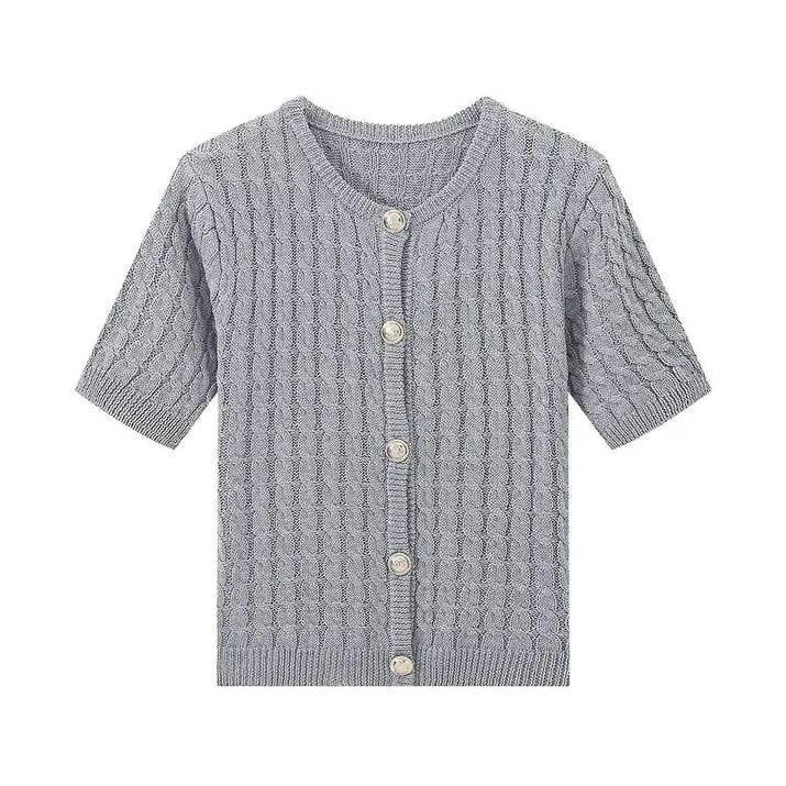 Gray knitted cardigan with buttons on a white background