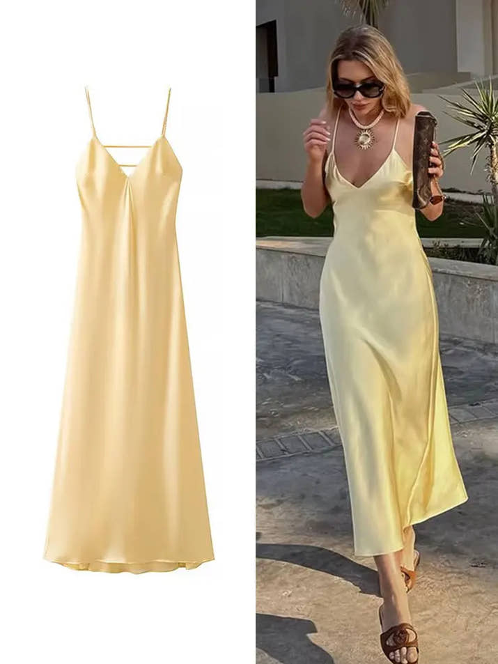 Stain Dress – Women’s Summer Yellow V-Neck Sleeveless Maxi Dress
