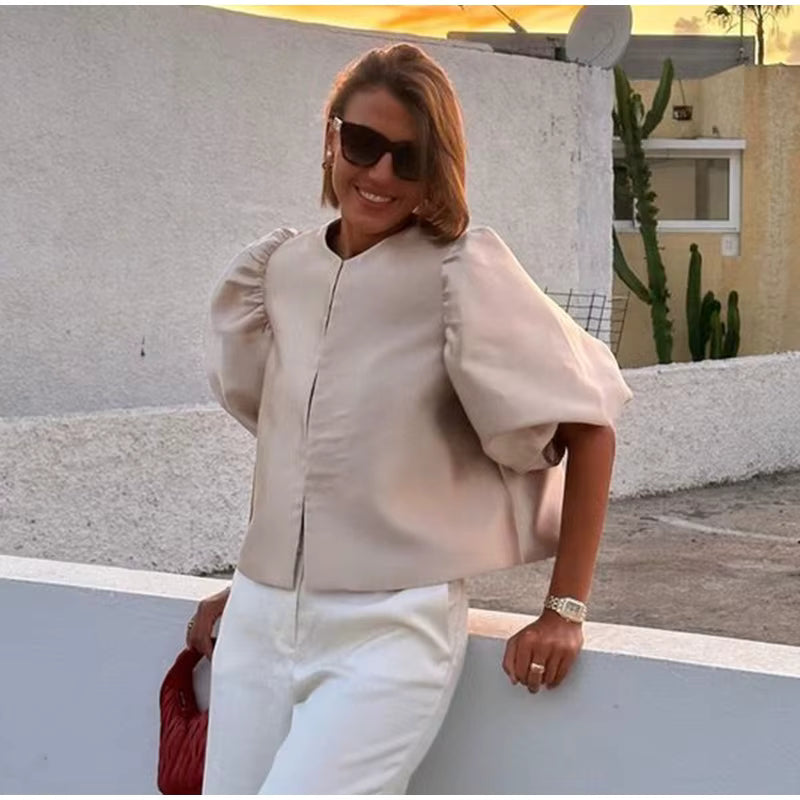 Elegant Satin Lantern Blouse – Women’s Loose Ruffle Top