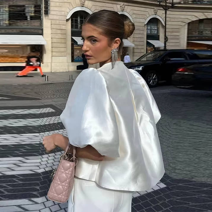 Elegant Satin Lantern Blouse – Women’s Loose Ruffle Top