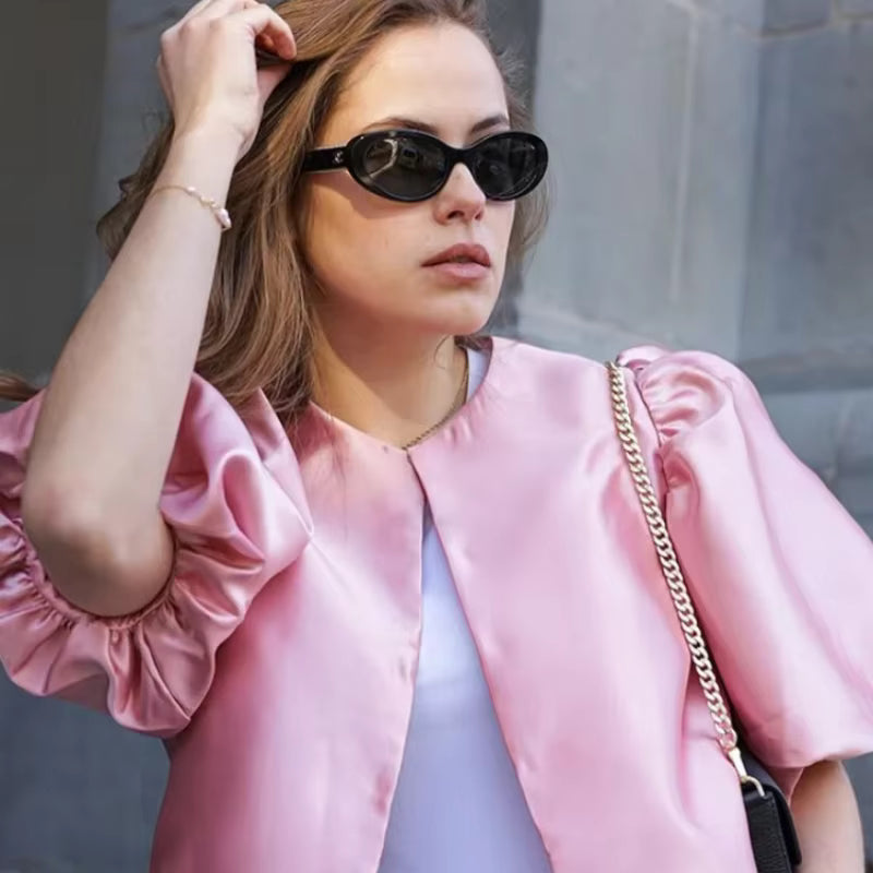 Elegant Satin Lantern Blouse – Women’s Loose Ruffle Top