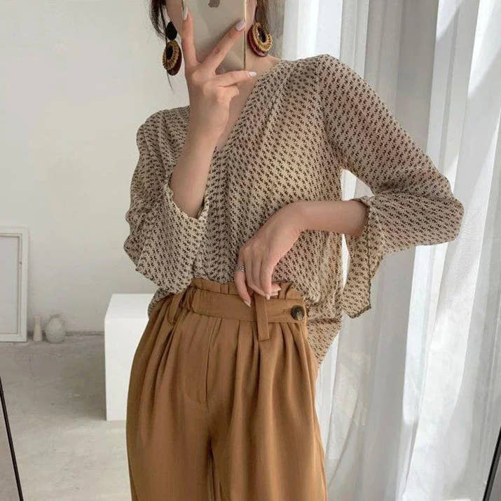Vintage V-Neck Print Blouse for Women – Long Sleeve Chiffon Shirt