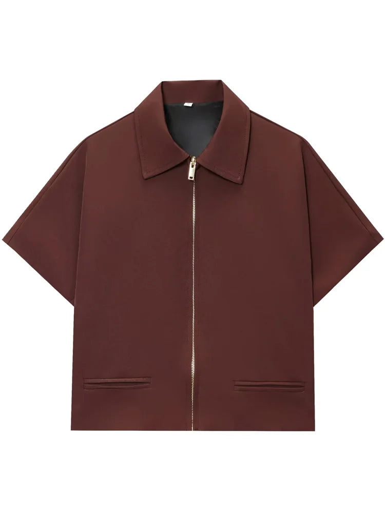 Women’s Cropped Varsity Jacket – Short Sleeve Zip-Up Summer Outerwear