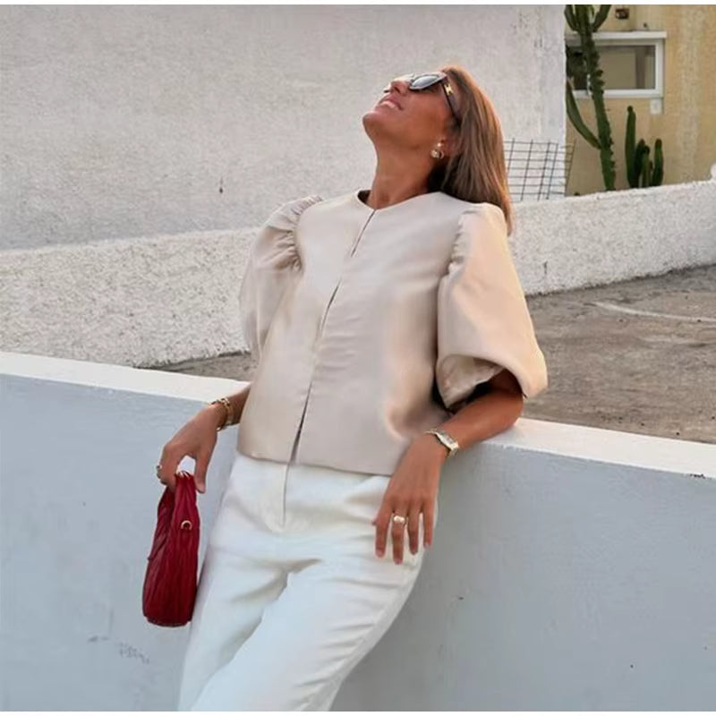 Elegant Satin Lantern Blouse – Women’s Loose Ruffle Top