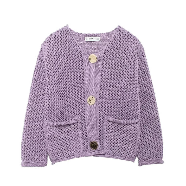 Purple knitted cardigan with gold buttons on a white background