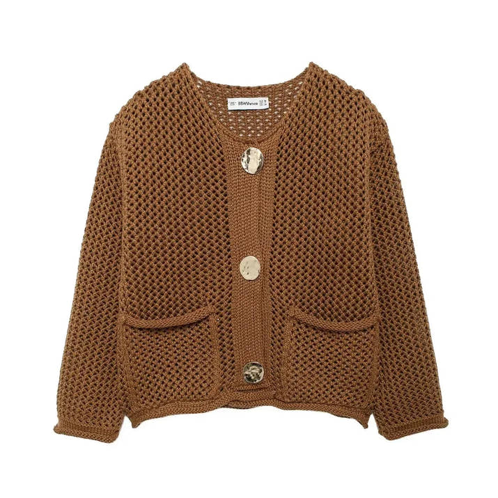Brown knitted cardigan with buttons on a white background