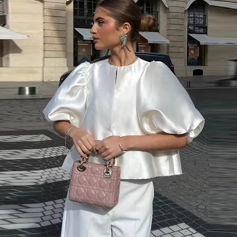 Elegant Satin Lantern Blouse – Women’s Loose Ruffle Top