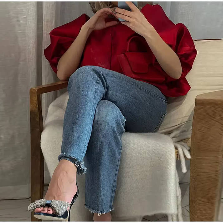 Elegant Satin Lantern Blouse – Women’s Loose Ruffle Top