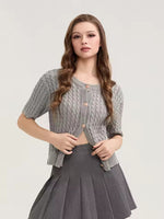 Solid Color Knit Cardigan – Short Sleeve Slim Sweater for Women