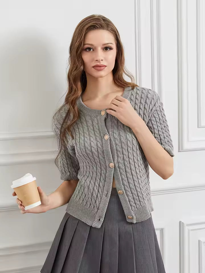 Solid Color Knit Cardigan – Short Sleeve Slim Sweater for Women