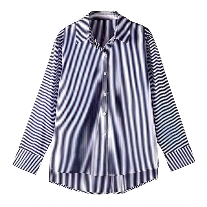 Striped Shirt Women - Blue-White Lantern Sleeve Loose Office Shirt