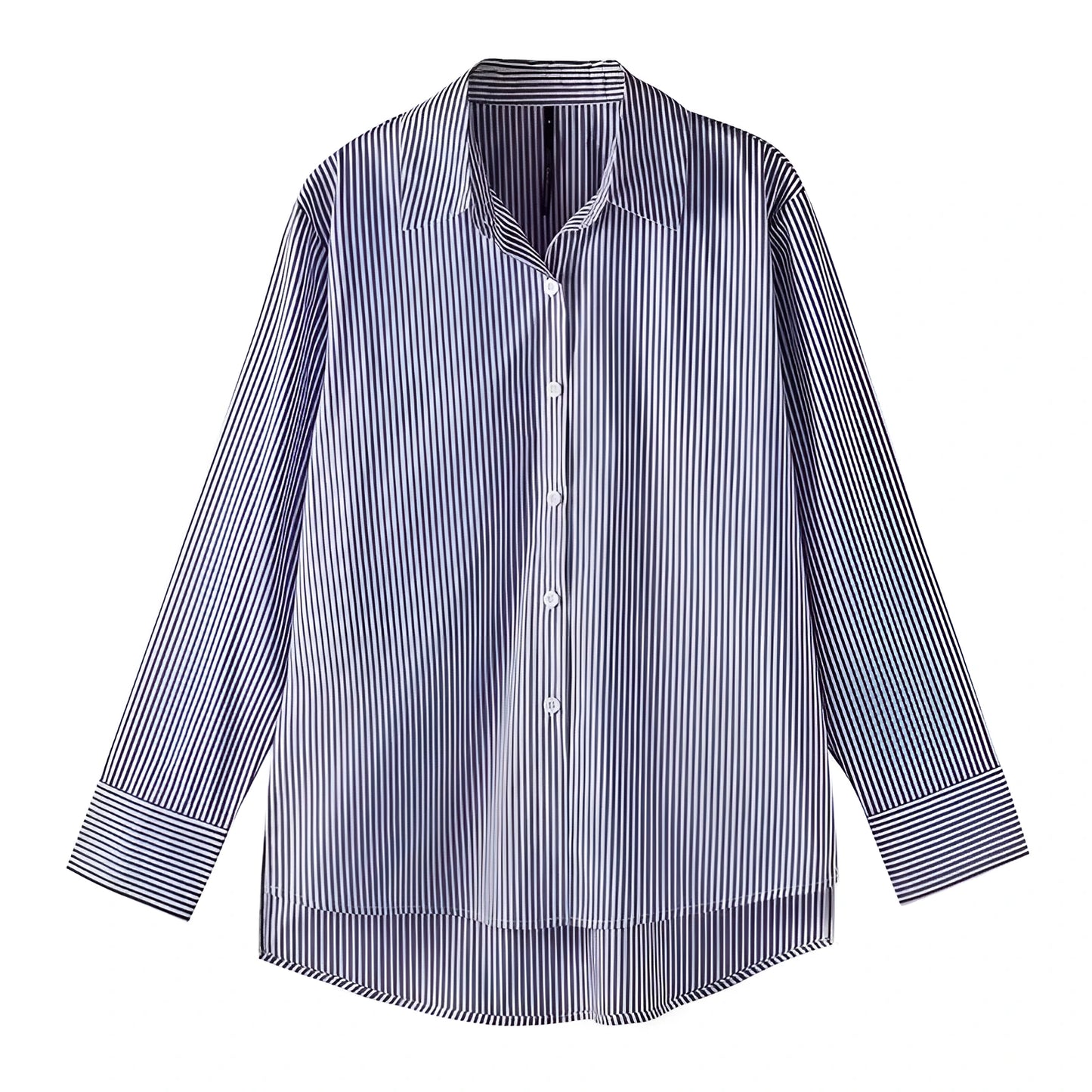 Striped Shirt Women - Blue-White Lantern Sleeve Loose Office Shirt