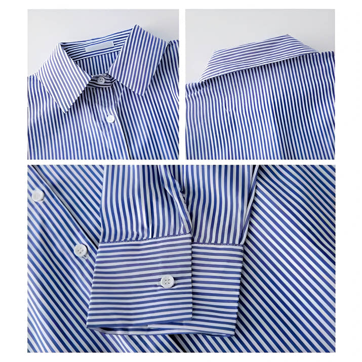 Striped Shirt Women - Blue-White Lantern Sleeve Loose Office Shirt