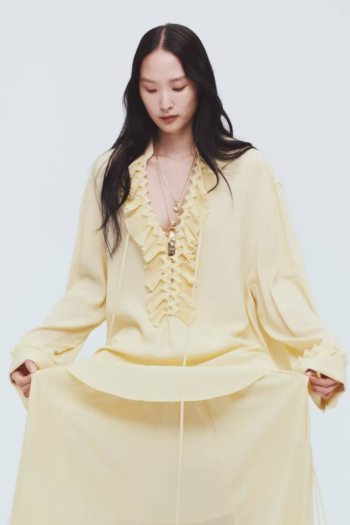 Ruffle Tunic Blouse Women – Long Sleeve Yellow Lace Top