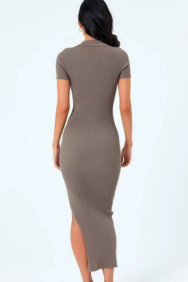 Woman wearing a khaki polo collar long knit dress with side slit and button-down front, styled for casual and office occasions.