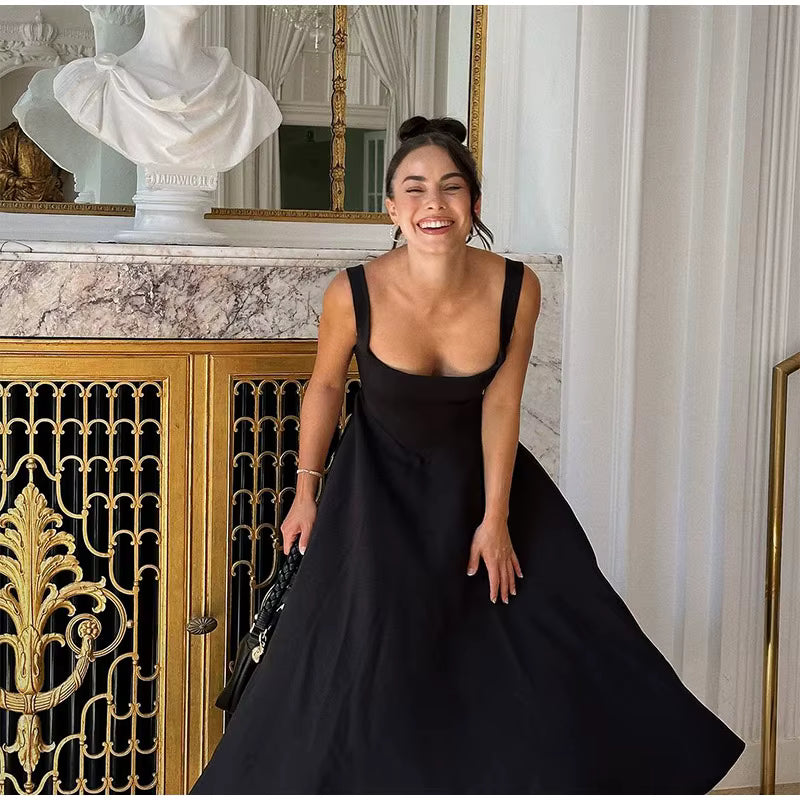 Polka Dot Square Neck Maxi Dress – Sleeveless High Waist Summer Gown