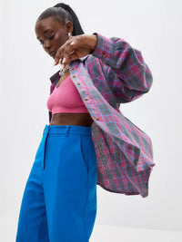 Vintage Oversized Plaid Shirt for Women – Long Sleeve Button Down Top
