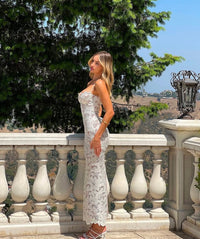 Lace Slip Long Dress – Floral Embroidery Backless Party Wear