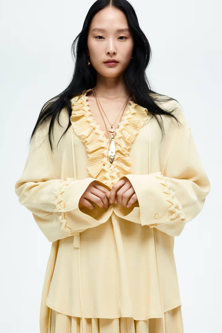 Ruffle Tunic Blouse Women – Long Sleeve Yellow Lace Top