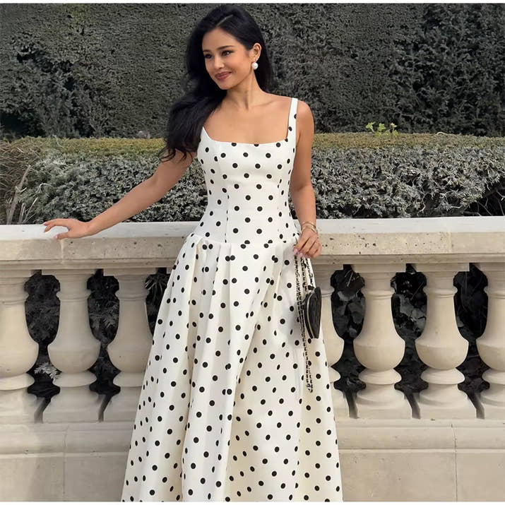 Polka Dot Square Neck Maxi Dress – Sleeveless High Waist Summer Gown