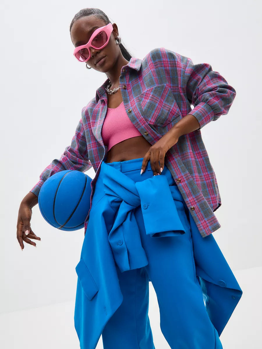 Vintage Oversized Plaid Shirt for Women – Long Sleeve Button Down Top