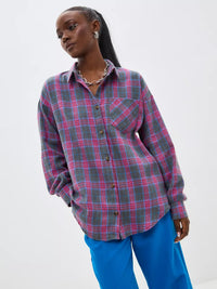 Vintage Oversized Plaid Shirt for Women – Long Sleeve Button Down Top