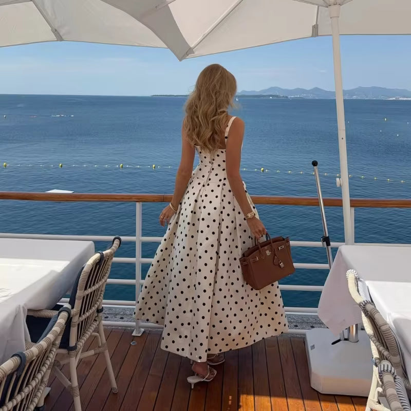 Polka Dot Square Neck Maxi Dress – Sleeveless High Waist Summer Gown