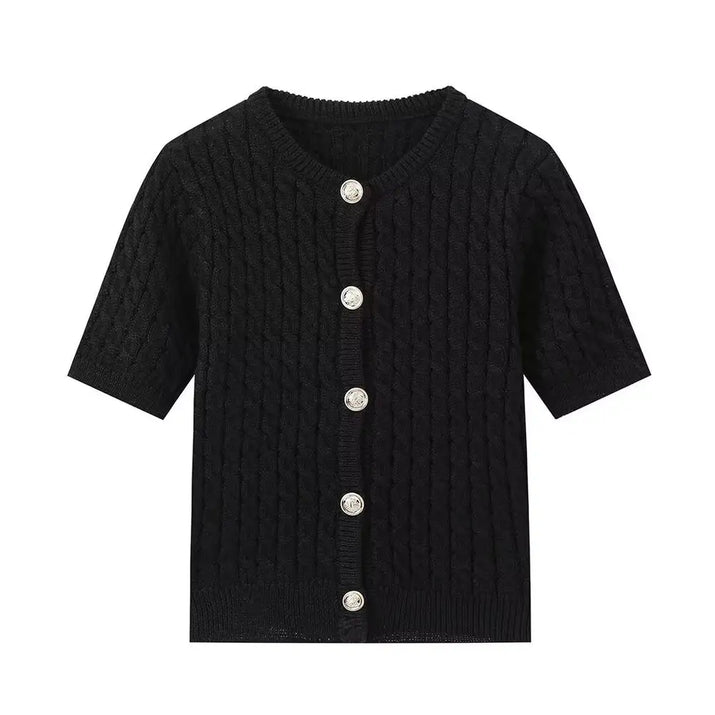Black knitted cardigan with silver buttons on a white background