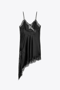 Black lace-trimmed slip dress on a white background