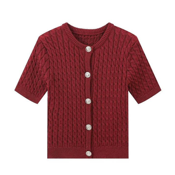Burgundy knitted cardigan with buttons on a white background