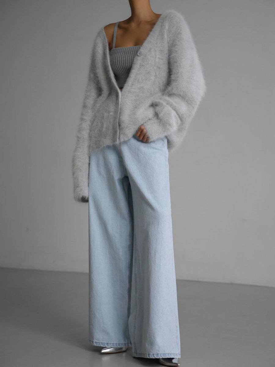 Korean V-Neck Cardigan – Oversized Knitted Sweater