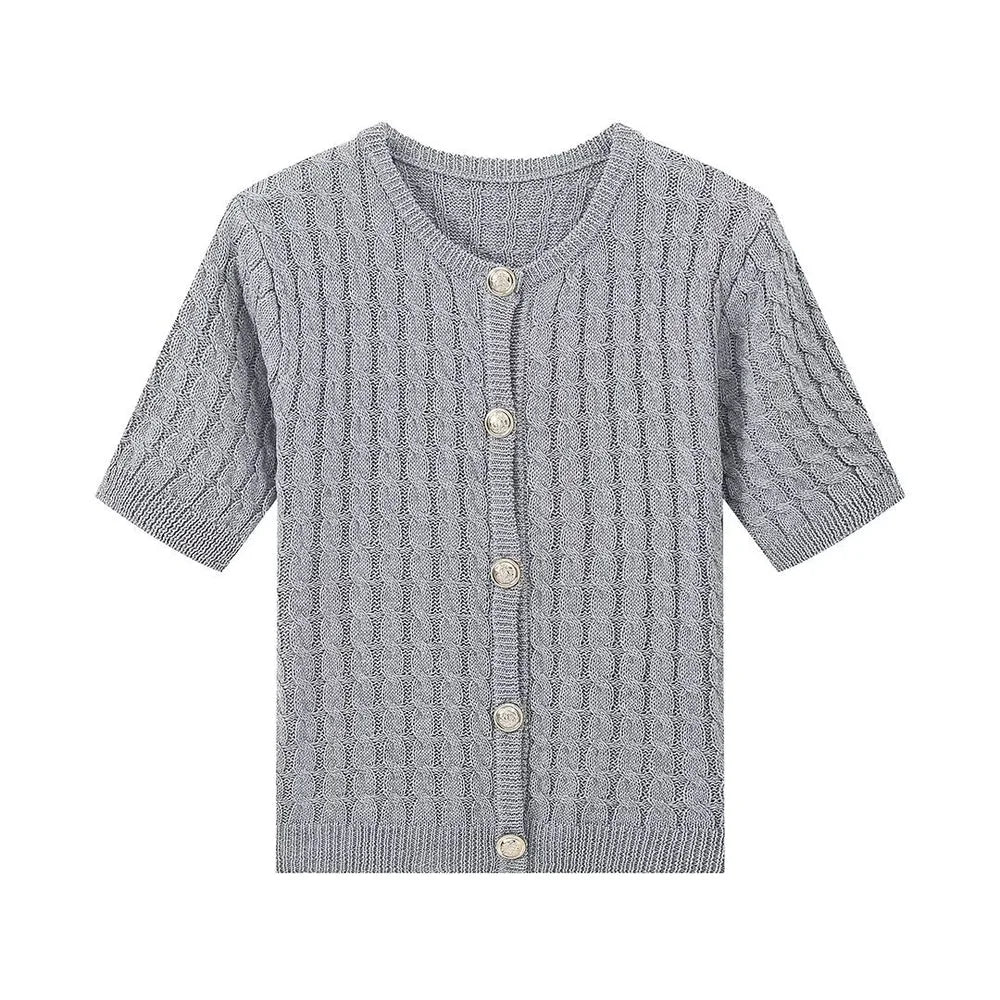 Gray knitted cardigan with buttons on a white background