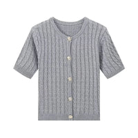 Gray knitted cardigan with buttons on a white background
