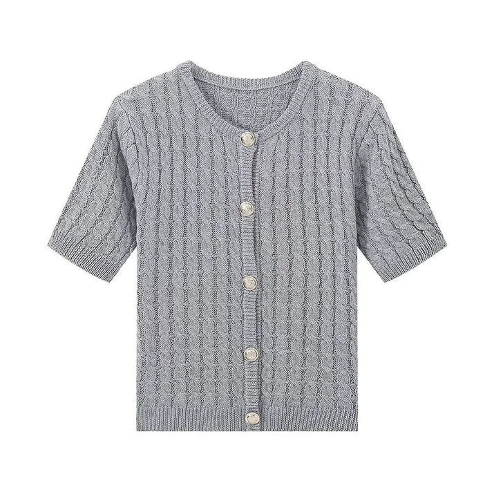 Gray knitted cardigan with buttons on a white background