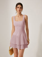 Square Collar Mini Dress – Sleeveless Summer Pleated Slim Dress