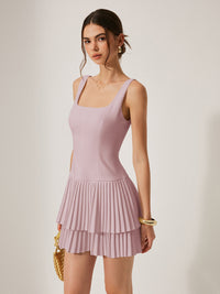 Square Collar Mini Dress – Sleeveless Summer Pleated Slim Dress