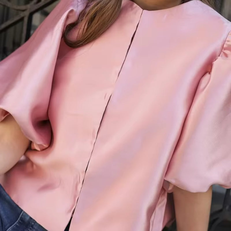 Elegant Satin Lantern Blouse – Women’s Loose Ruffle Top