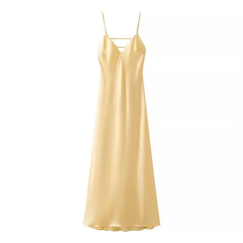 Stain Dress – Women’s Summer Yellow V-Neck Sleeveless Maxi Dress