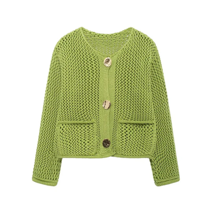 Green knitted cardigan with buttons on a white background