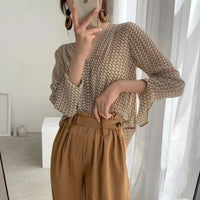 Vintage V-Neck Print Blouse for Women – Long Sleeve Chiffon Shirt